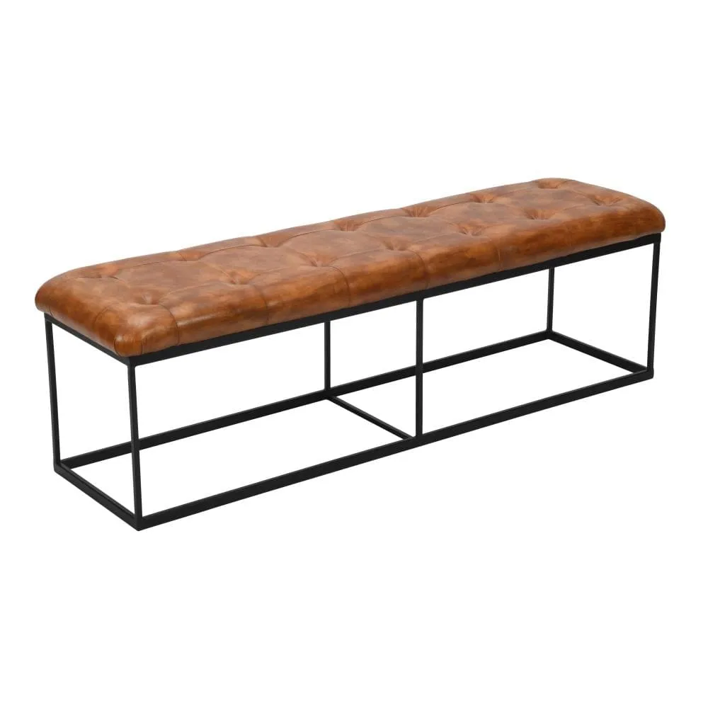 60 Inch Artisanal Tufted Accent Bench, Genuine Leather Upholstery, Metal Frame, Caramel Brown, Black By The Urban Port