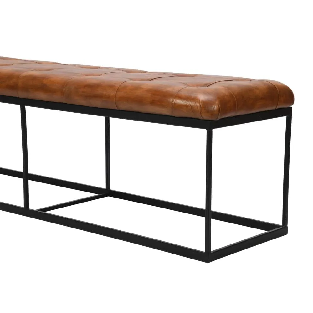 60 Inch Artisanal Tufted Accent Bench, Genuine Leather Upholstery, Metal Frame, Caramel Brown, Black By The Urban Port