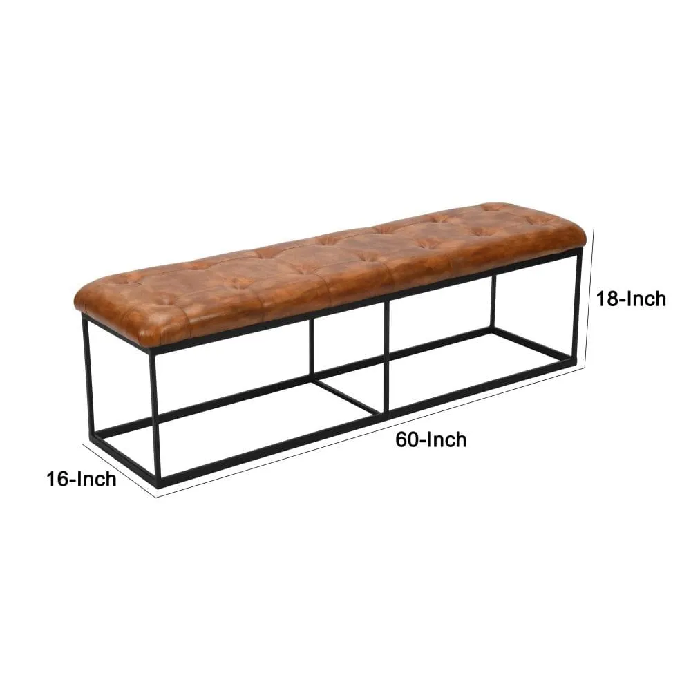 60 Inch Artisanal Tufted Accent Bench, Genuine Leather Upholstery, Metal Frame, Caramel Brown, Black By The Urban Port