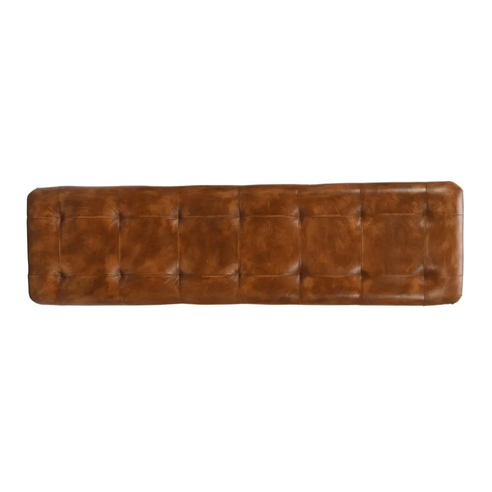 60 Inch Artisanal Tufted Accent Bench, Genuine Leather Upholstery, Metal Frame, Caramel Brown, Black By The Urban Port