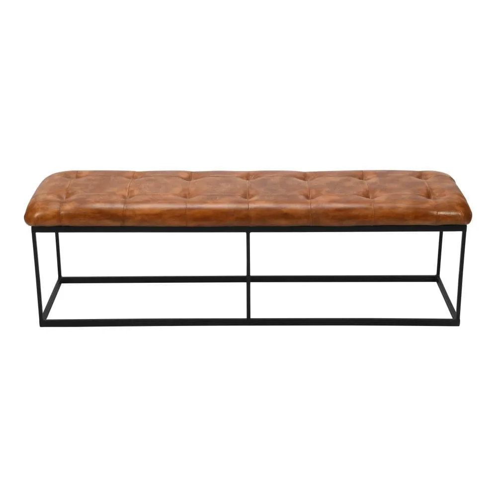 60 Inch Artisanal Tufted Accent Bench, Genuine Leather Upholstery, Metal Frame, Caramel Brown, Black By The Urban Port