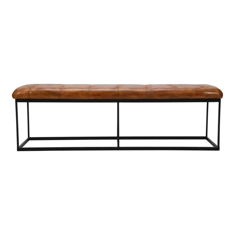 60 Inch Artisanal Tufted Accent Bench, Genuine Leather Upholstery, Metal Frame, Caramel Brown, Black By The Urban Port