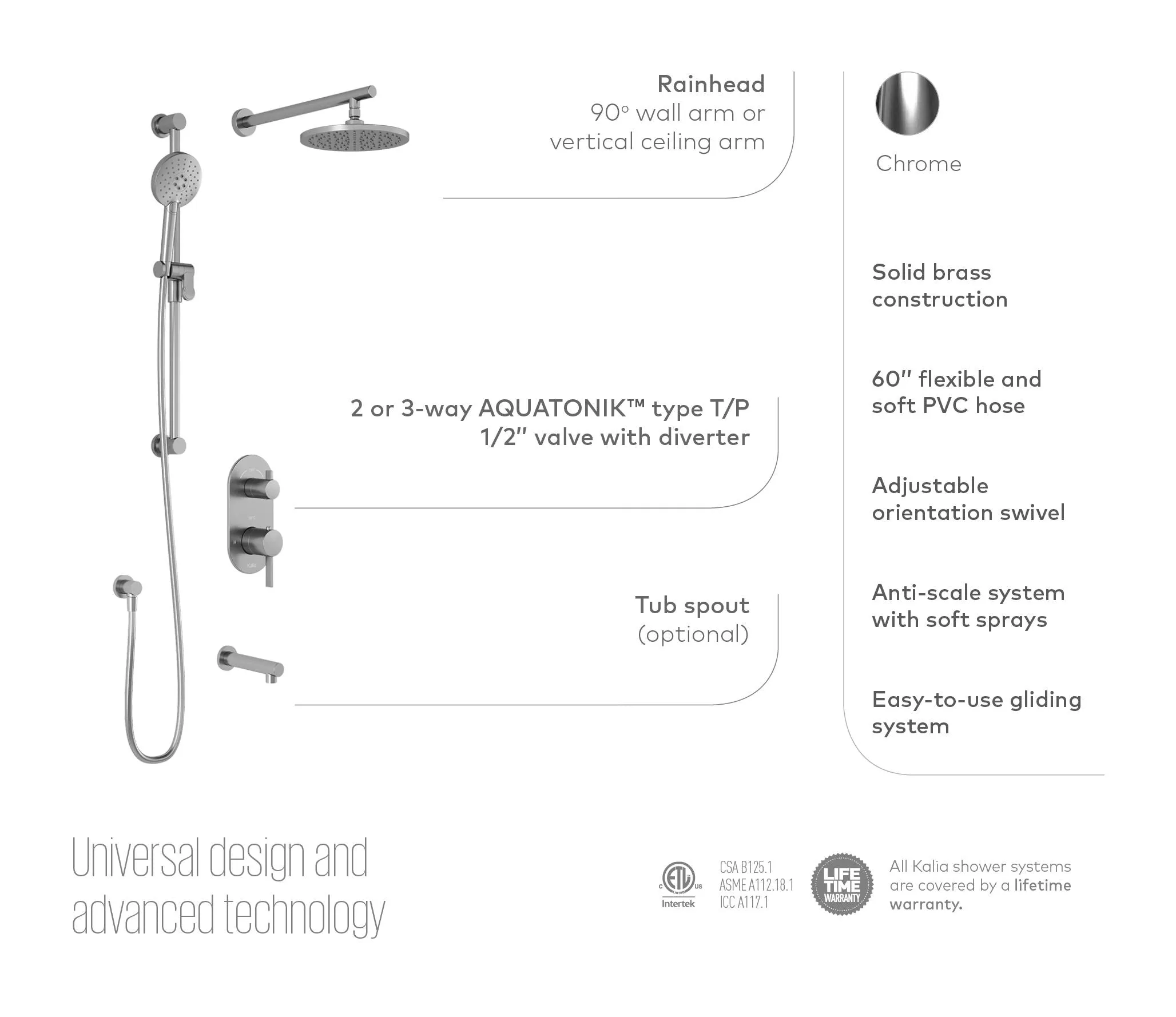 KALIA - ROUNDONE TD3  CHROME- WALL ARM (3 WAY SHOWER SYSTEMS )