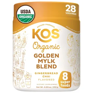 KOS, Golden Milk Powder, USDA Organic Superfoods - Instant Turmeric and Ginger Latte with Mushroom Blend - Coffee Creamer, Dessert & Smoothie - Vegan, Dairy-Free, Gingerbread Chai Flavored, 28 Servings