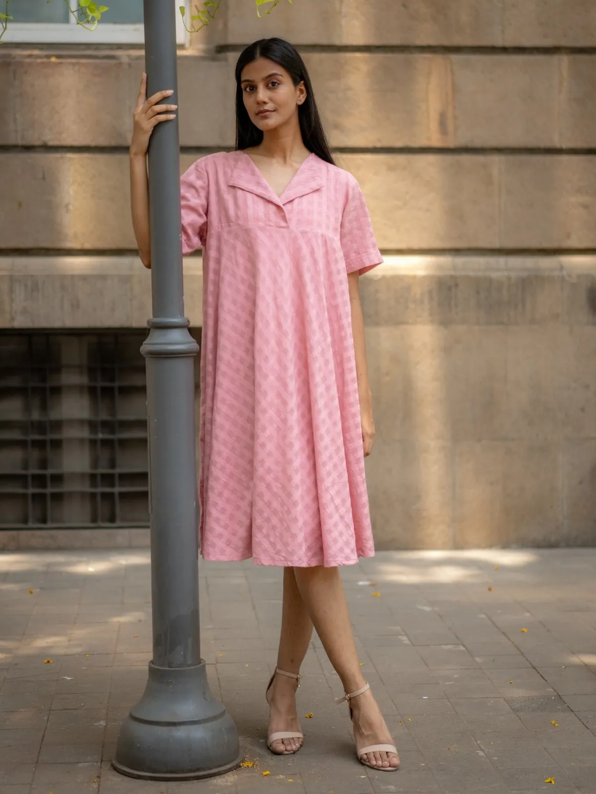 Pink Textured A-line Dress