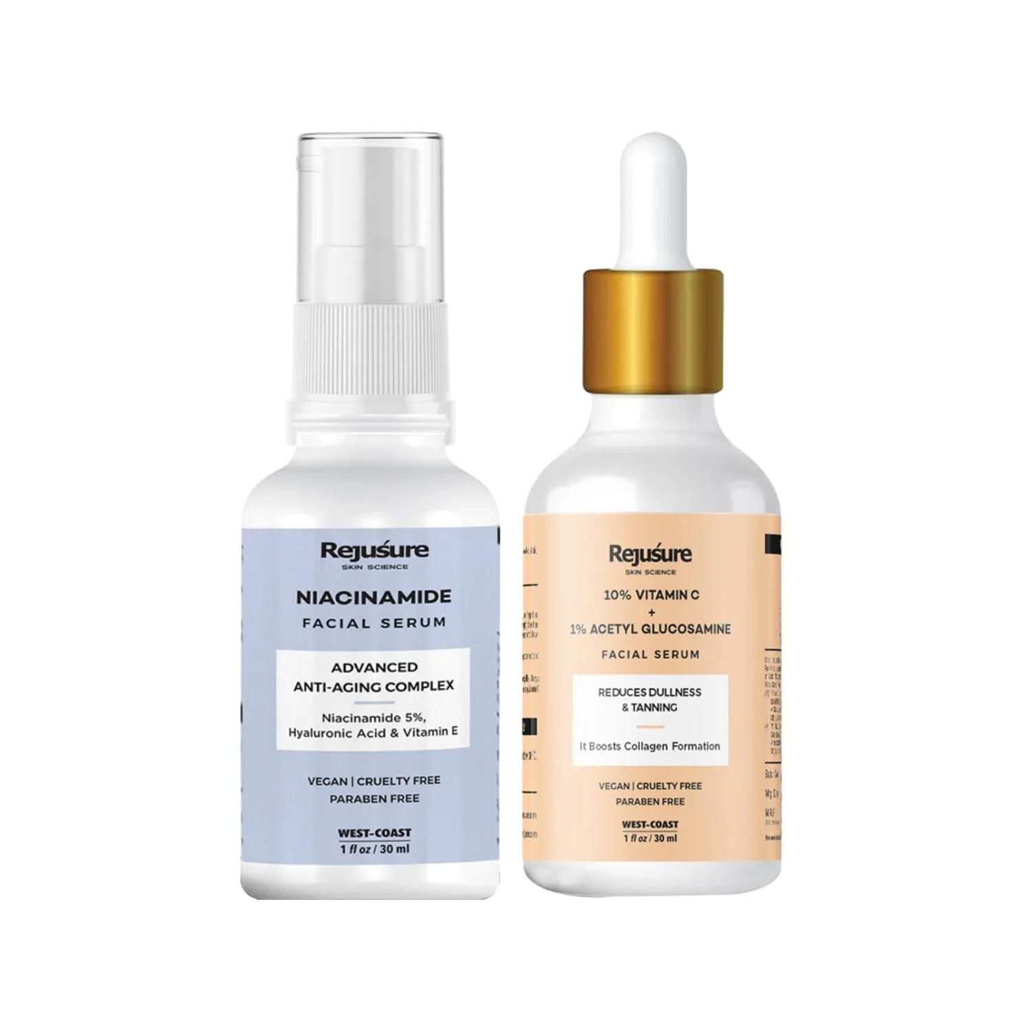 Rejusure Skin Brightening Duo | 5% Niacinamide Facial Serum (30ml) & 10% Vitamin C   1% Acetyl Glucosamine Facial Serum (30ml) - Radiant Complexion and Even Skin Tone