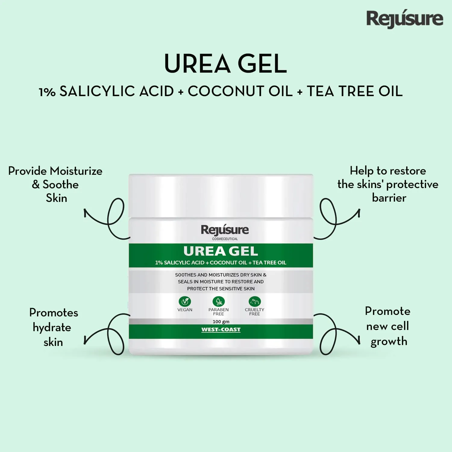 Rejusure Urea Gel With 1% Salicylic Acid   Coconut Oil   Tea Tree Oil Fast Absorbing For Dry/Itchy/Sensitive Skin, Softens & Moisturizes Skin For Face, Body & Foot – 100gm (Pack of 5)