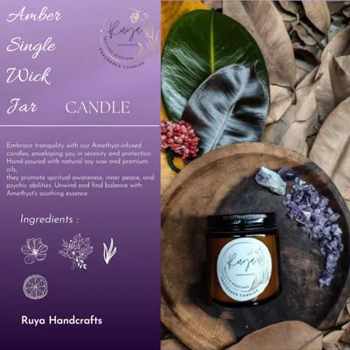 Ruya's Handcrafts Amber Single Wick Amethyst stone | Mood Enhancer That Evokes Childhood Memories | Lucky Charm Candle(Lush Nodes)