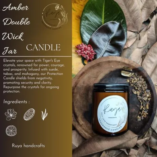 Ruya's Handcrafts Amber Single Wick Tiger Eye Stone | Enhancing Alignment with Desired Outcomes | Healing Light Candle (Amber Feels)