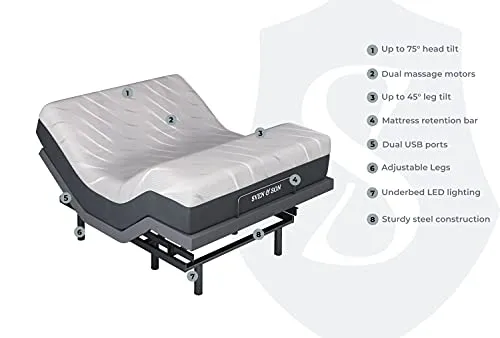 Sven & Son Queen Adjustable Bed Base Frame   14” Luxury Cool Gel Memory Foam Hybrid Mattress, Head Up Foot Up, USB Ports, Zero Gravity, Interactive Dual Massage, Wireless, Classic (Queen)